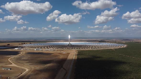 Drone view of Gemasolar Thermosolar Plant in Spain. Solar energy. Green energy. Renewable energy.