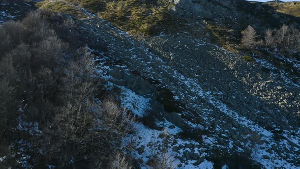 Aerial,  Trees On Apennine Mountains With Some Small Snow Spots In Autumn