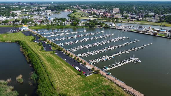 Oasis Marinas at Port Lorain marina in Lorain, Ohio on Lake Erie.  Aerial  drone footage.  With Lora alt
