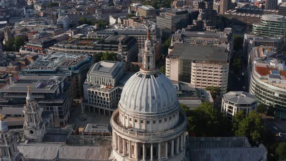 Fly Over Dome of Historic Saint Pauls Cathedral in Afternoon Bright Sun alt