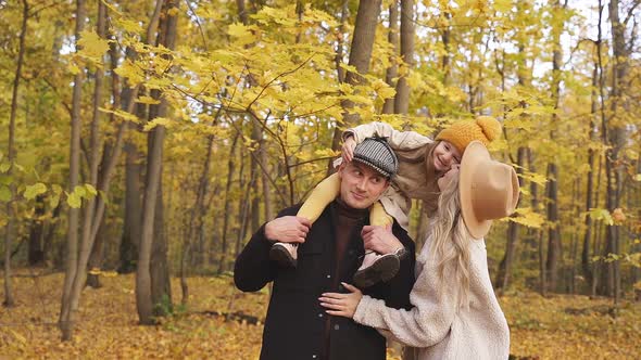Parents and Child Walk in the Forest on a Sunny Fall Day alt