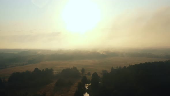 Epic Nature Panorama Sun Rising Over Beautiful Forest Valley Reflecting in Small River Covered with alt