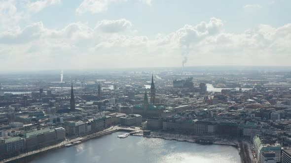 Slow Aerial Slider View of Hamburg City Center with Famous Tourist Destinations and Landmarks By the alt