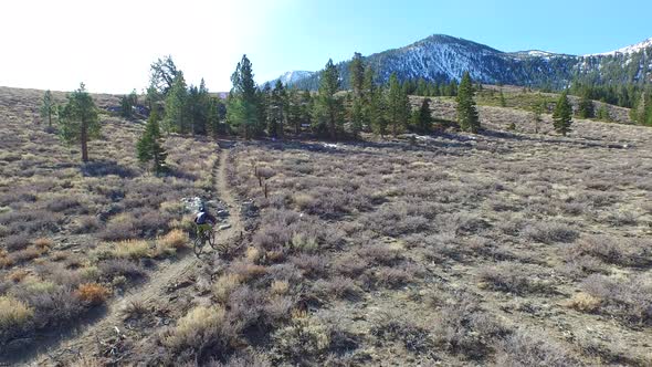 Aerial shot of young man mountain biking on scenic trail in the mountains. alt