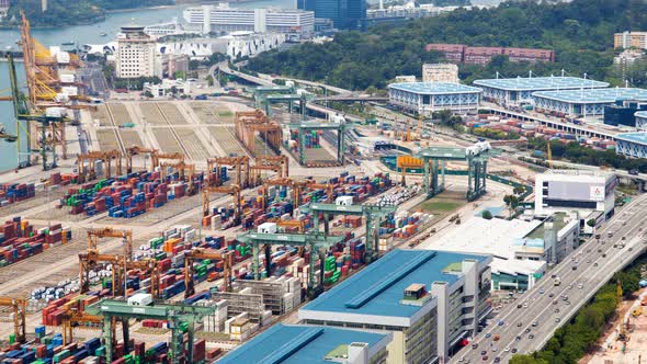 Trading Port of Singapore with Containers and Haevy Traffic Trucks Timelapse alt