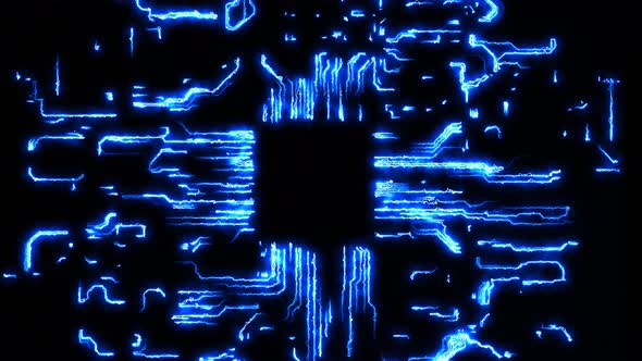dynamic background of virtual circuit board with chip. cyclical animation on the theme of technology alt