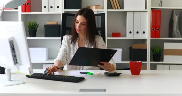 Businesswoman Working at Computer in Light Office