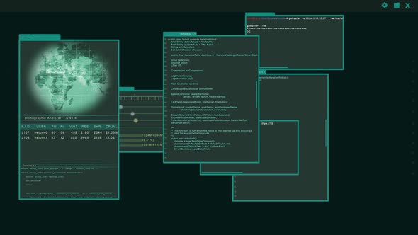 Virtual Interface or HUD Displaying Multiple Windows with Hacker Code Running on Them alt