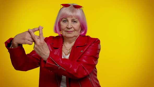 Cheerful Senior Old Woman Showing Hashtag Symbol Likes Tagged Message Follow Internet Trends alt