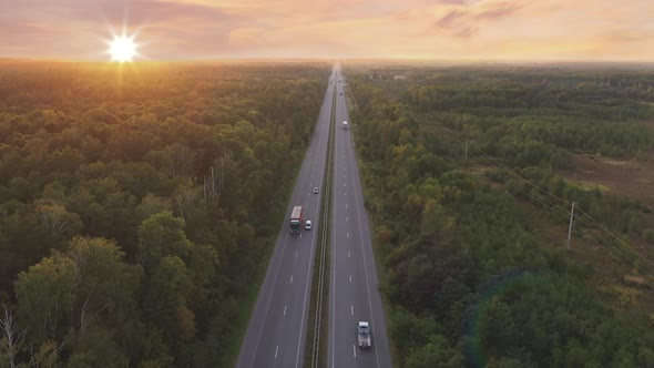 Highway Rural Speed Road at Epic Sunset Aerial View