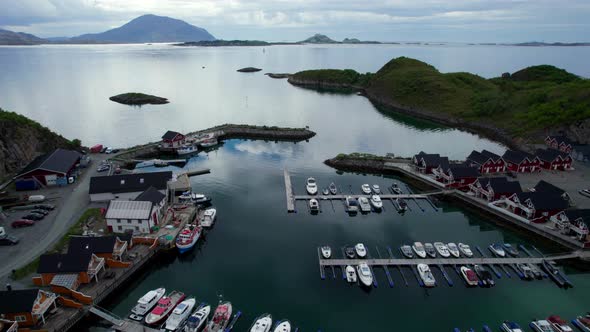 Aerial Forwarding shot towards scenic views along the coast of Helgeland at Tonnes Marina alt