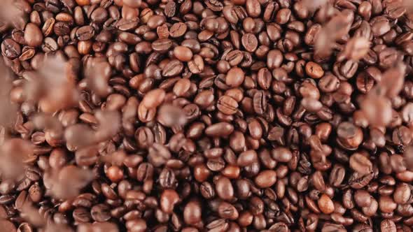 Closeup of Black Coffee Beans Falling From Top to Bottom