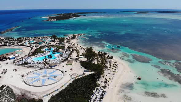 Aerial drone footage of the beautiful tropical beach at Little Stirrup Cay or CocoCay, Bahamas alt