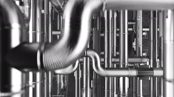 Loopable maze of clean pipes tangled together. Construction steel plumbing