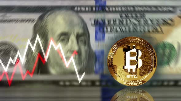 Bitcoin BTC cryptocurrency coin over 100 Dollar banknotes loop alt