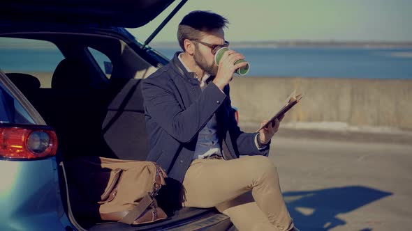 Businessman Reading Book After Hard Working Day. Businessman Reading Book In Park. Man Taking Brake. alt