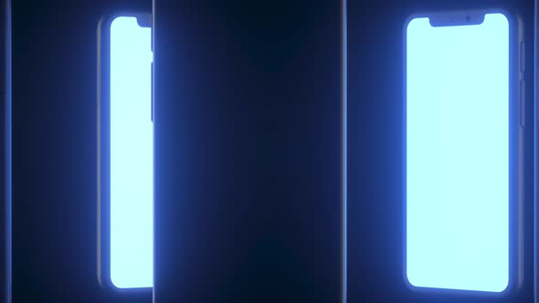 Five mobile phone with illuminated screen rotating. 3D realistic render loop animation alt