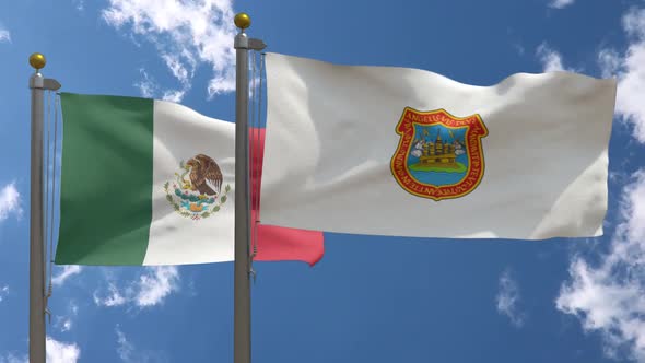 Mexico Flag Vs Puebla De Zaragoza City Flag On Flagpole alt