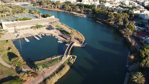 Tel Aviv Yarkon Lake City Wide Shot Drone 4k