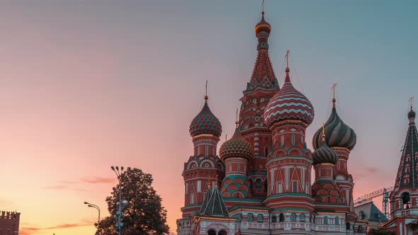 Hyperlapse Saint Basil Cathedral on Red Square at Sunset.