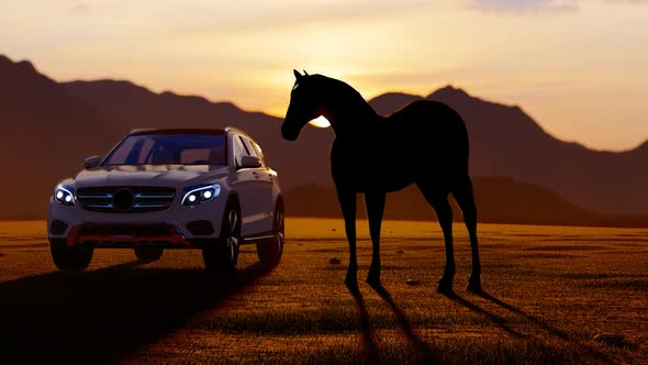 White Luxury Off-Road Vehicle Coming from Horses in Mountainous Area with Sunset View