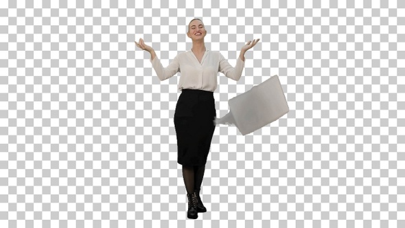Happy businesswoman throws paper document, Alpha Channel