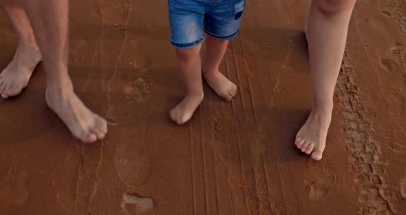 Closeup Naked Legs of a Child and Parents Walking on the Sand Seashore a Walk By the Sea