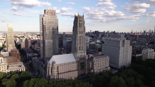 Aerial view around the Riverside Church, in sunny Morningside Heights, New York, USA - orbit, drone alt