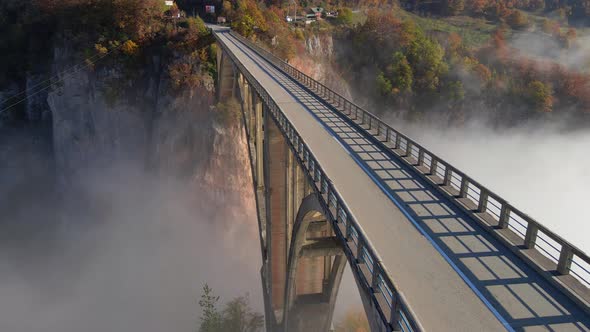 Aerial Video of the Magnificent Djurdjevica Bridge Over the Tara River Canyon in the Northern Part alt
