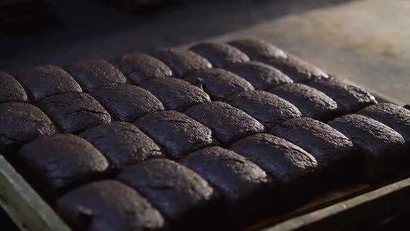 View of Tray with Freshly Baked Loaves of Rye Bread in the Bakery alt