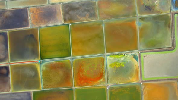 Aerial view flying over a beautiful colorful natural sea salt pond alt