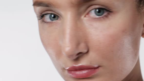 Portrait Sight Turn Cute Girl Look at Camera Serious Closeup White Background  alt