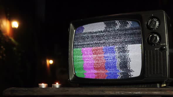 Vintage Television Turning On Green Screen in the Night. 4K Version.