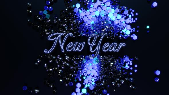 3D New Year's Looped Background with Inscription New Year and Garland Balls Scattered on Plane Light alt