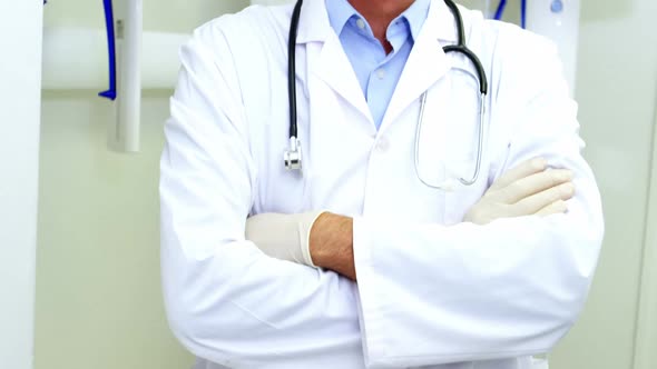 Portrait of smiling dentist standing with arms crossed alt