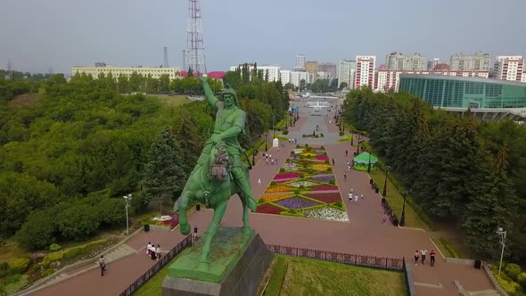 Ufa Bashkortostan Russia Monument to Salavat Yulaev in Ufa at Summer Cloudy Day  Aerial Drone View