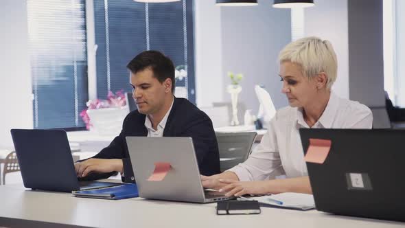 Woman and Man Spending Working Day Using Laptop Computer in Offi