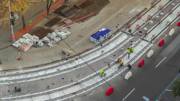 Tram Rails at the Stage of Their Installation and Integration Into Concrete Plates on the Road alt