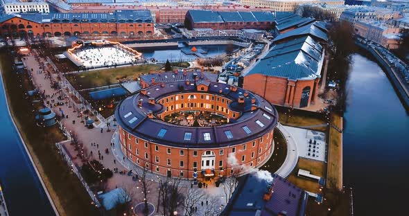 New Holland Island in St. Petersburg. Aerial View of Ancient European Brick Building in the Shape of