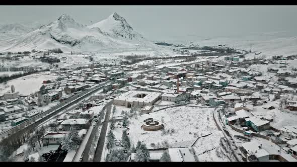 aerial view of snowy city