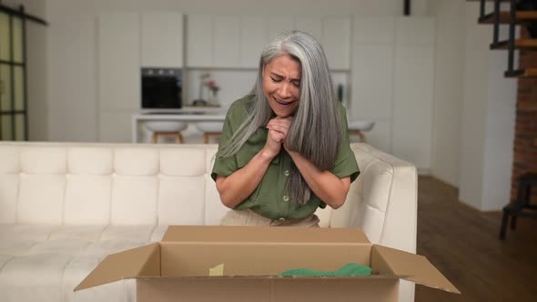 Satisfied Stylish Senior Asian Woman Opens Parcel Carton Box Unpacking Received Gift