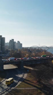 The Patona Bridge Car Traffic at the Autumn Time Aerial Vertical View