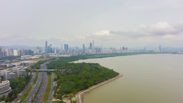 Shenzhen City at Day. Futian District Urban Skyline and Bay Park. China. Aerial View alt