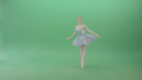 Christmas Story Ballet Dancing Girl In Blue Ballerin Dress Performing Isolated On Green Screen alt