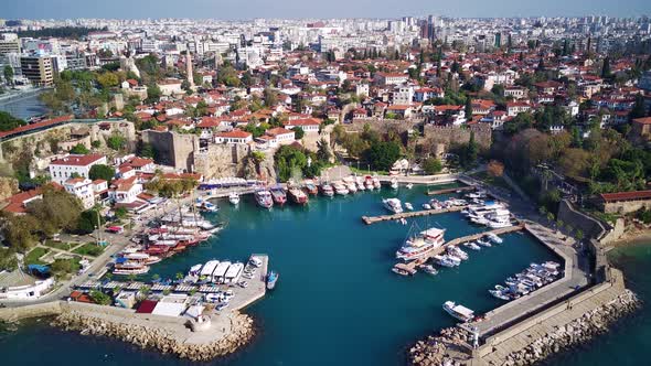 Aerial photograph of Antalya bay in Antalya city from high point of drone.