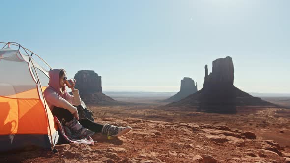 Camping Woman Slow Motion  Footage Traveler in Bright Yellow Camping Tent USA alt