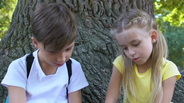 Cute Male and Female Kid Talking Sitting in Garden Under Tree, Communication