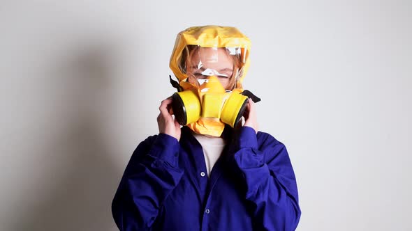 European Woman in Yellow Epidemic Mask Covid-19 Virus, In Laboratory alt
