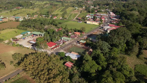 Los Angeles de la Fortuna from above in 4k. Still drone footage of a small central American town nea alt