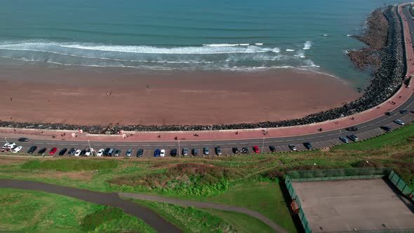 Aerial View Of Coastal Road In Scarborough North Bay Beach, North Yorkshire, England. alt
